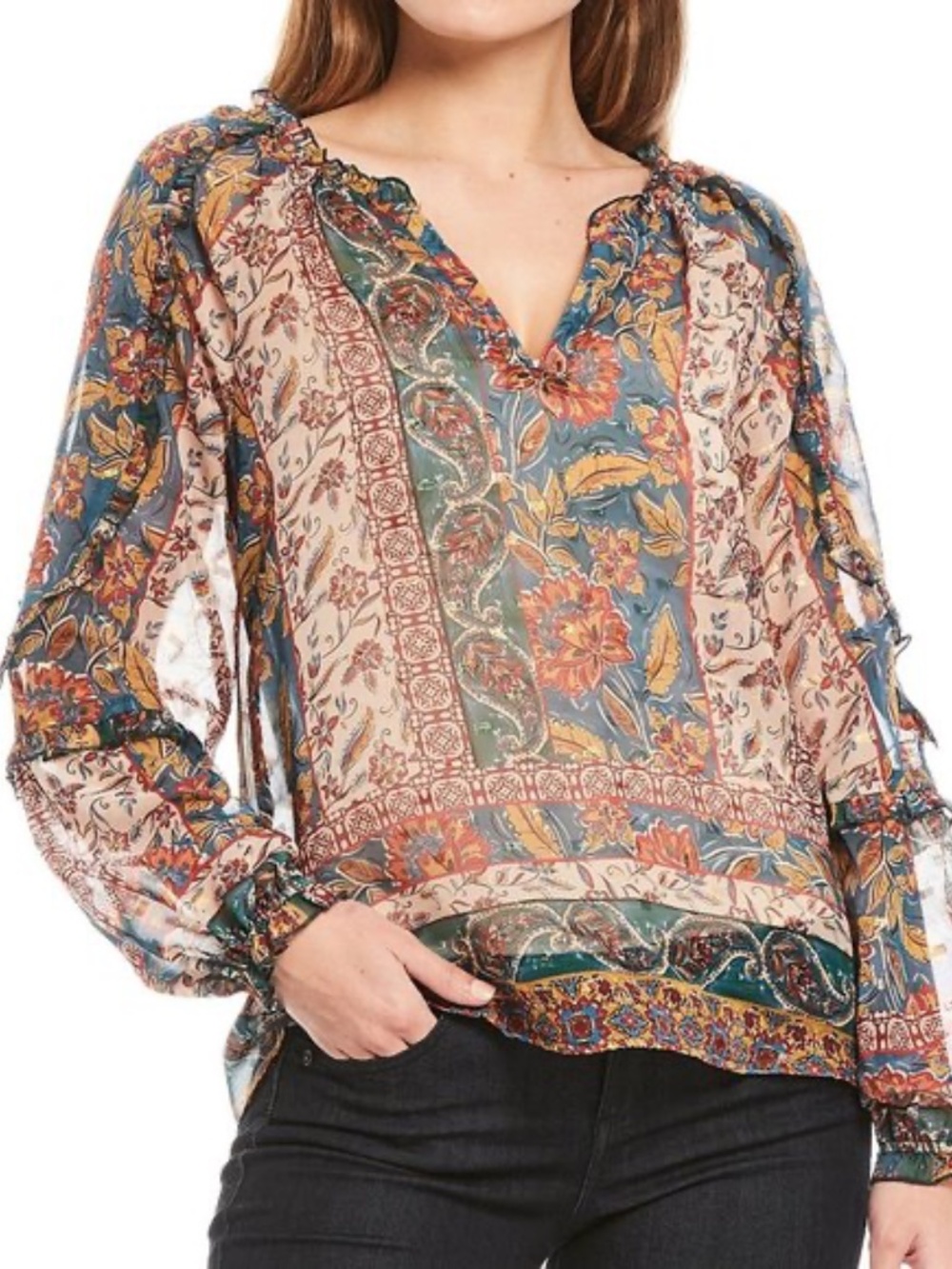 Wit & Wisdom Teal, Gold & Burgundy Paisley Peasant Top M